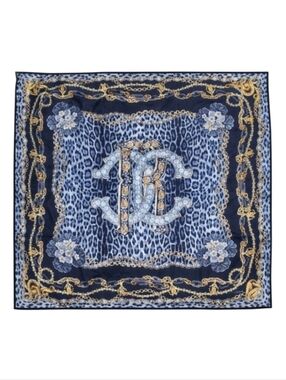 ROBERTO CAVALLI  | Black Gray Jewel RC Logo 100% Silk 35" Square Foulard Scarf